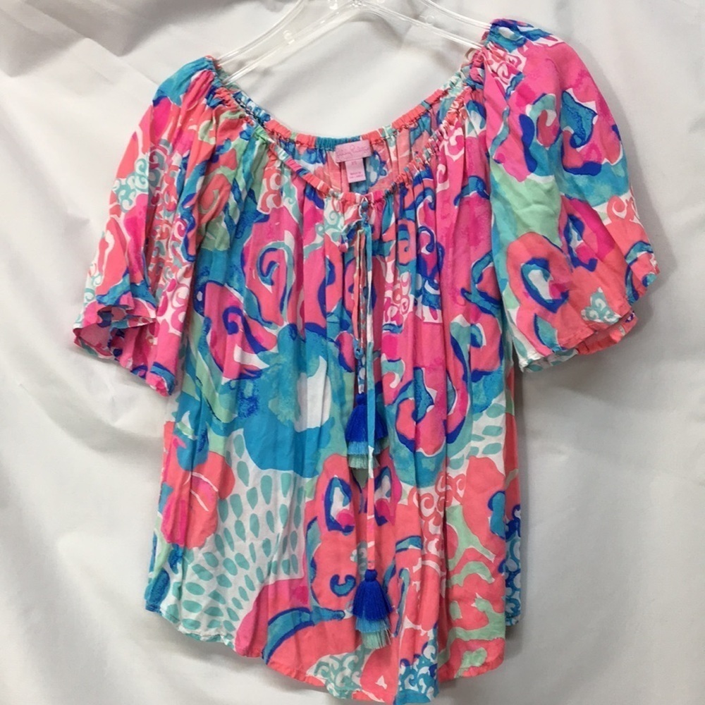 Lilly Pulitzer Flutter Sleeve Peasant Top Pink and Blue with Tassels Like-NEW